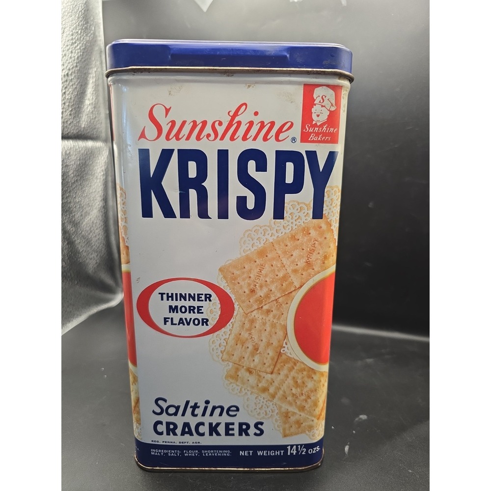Vintage Sunshine Krispy Saltines Cracker T box White Blue Kitchen 9"